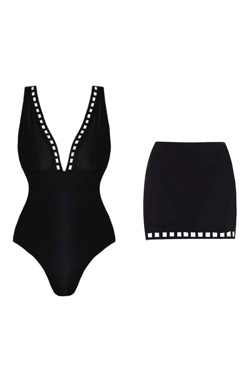 Sexy Cutout Swimsuit with Mini Skirt Set