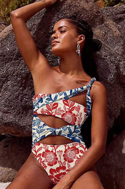 Red Blue Patchwork Ethnic Print Swimsuit