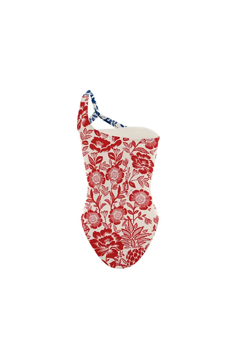 Red Blue Patchwork Ethnic Print Swimsuit